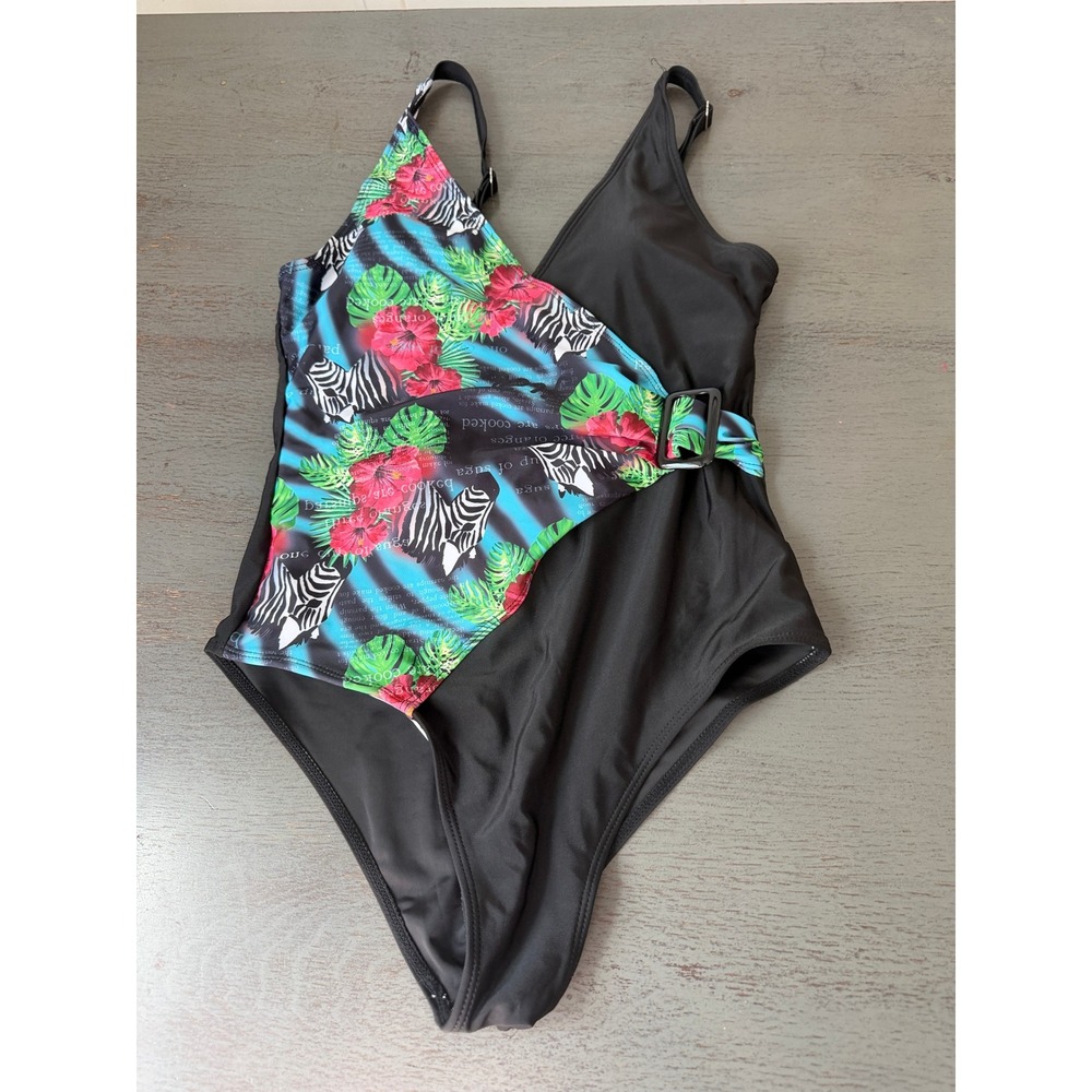 Kian D Los Angeles Zebra Tropical Floral One Piece Swimsuit Black Small